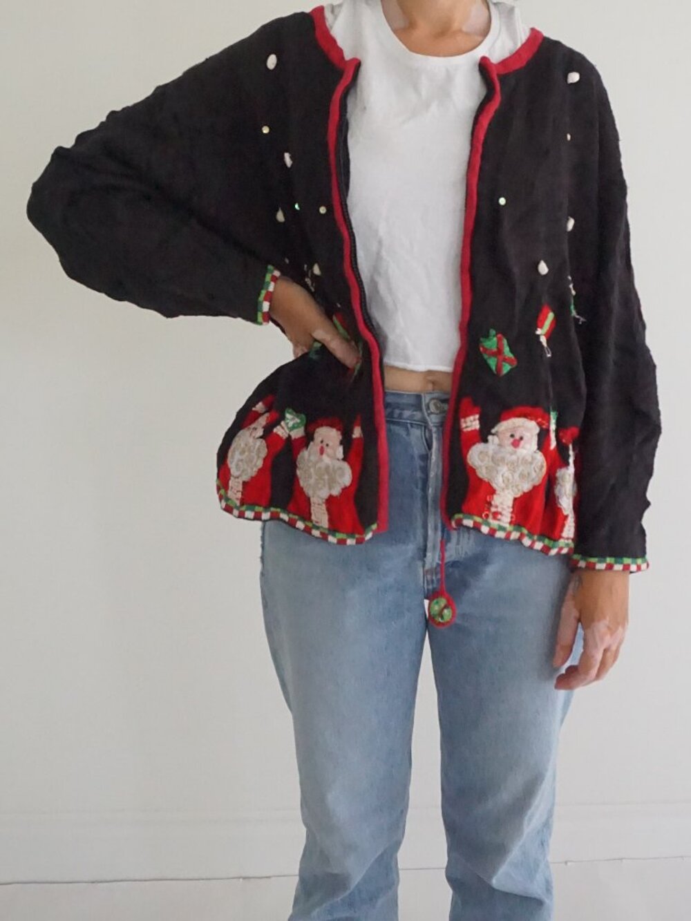 Vintage Tiara Black Red Santa Gifts Snow Sequins Christmas Zip Cardigan XL